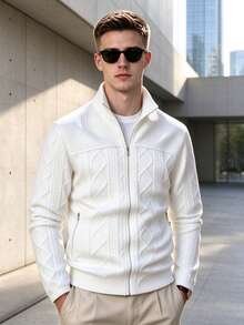 Men's Textured Jacquard Fabric Casual Knit Cardigan, Autumn/Winter - White - View 1