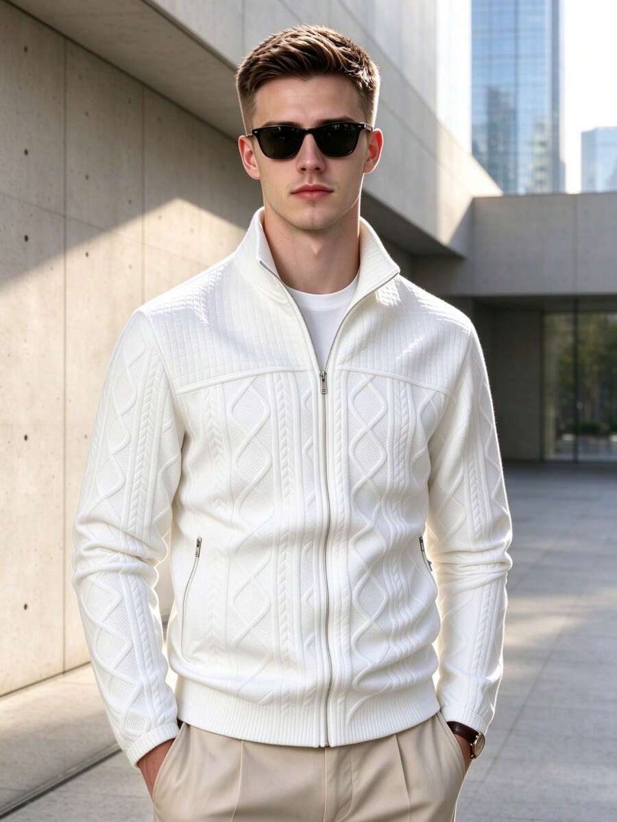 Men's Textured Jacquard Fabric Casual Knit Cardigan, Autumn/Winter - White - View 1