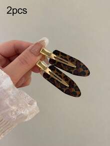 2pcs Leopard Print Acetate Hair Clips, Metal Crocodile Clips, Vintage Tortoise Shell Style, Bangs Clips, Suitable For Daily Styling And Party - Multicolor - View 9