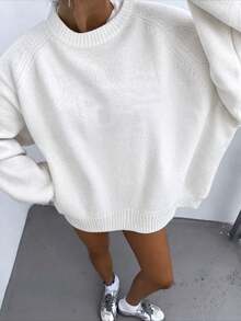 Fashionable Loose Long Sleeve White Knit Sweater For Women, Autumn/Winter Outfit Essential - White - View 3