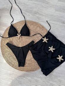 SwimNova Spring/Summer New Casual Elegant Starfish Decor Swimsuit Black Hollow Skirt Beach Vacation Date Party Set - Black - View 2