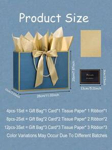 12/8/4pcs Blue Gift Bags With Handles, Gift Wrap Bags, Party Favors Bags, Lightweight Foldable Gift Packaging Bags, Paper Business Bags Bluk, High-End Paper Tote Bag, Suitable For Wedding, Shopping, Retail, Party,Proposal,Anniversary,Valentines - Blue Background With Gold Trim - View 9