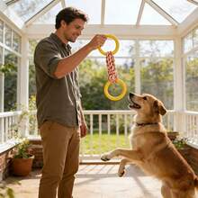 Durable Dog Rope Toy, Interactive Tug-Of-War Toy With 2 Rubber Rings, Thick Braided Cotton Rope Suitable For Small, Medium And Large Dogs, Outdoor Yard And Backyard Play, Dental Cleaning Chew Rope, Puppy Training And Boredom Relief Pet Supplies - Yellow - View 1