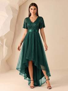 V-Neck Contrast Color Sequin High-Low Hem Mesh Cocktail Dress, Formal Wedding Guest Dress, Graduation Ceremony Dress, Evening Gown - Dark Green - View 1