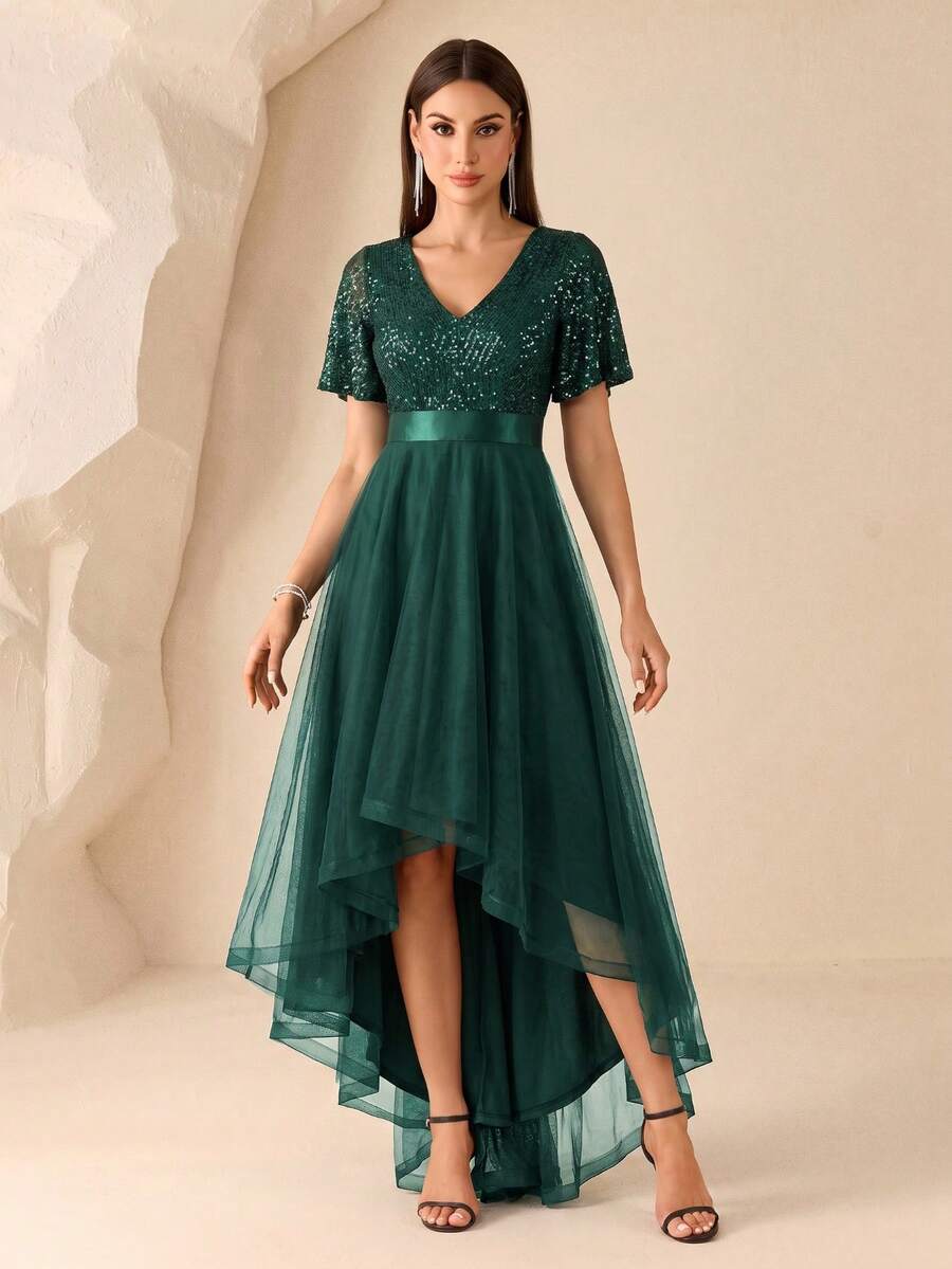 V-Neck Contrast Color Sequin High-Low Hem Mesh Cocktail Dress, Formal Wedding Guest Dress, Graduation Ceremony Dress, Evening Gown - Dark Green - View 1