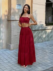 Vellofy Women's Autumn/Winter Burgundy Ruffle Camisole Top + Layered Maxi Skirt 2pcs Set, Elastic Waist Home Casual Daily Date Party Outfit - Burgundy - View 9