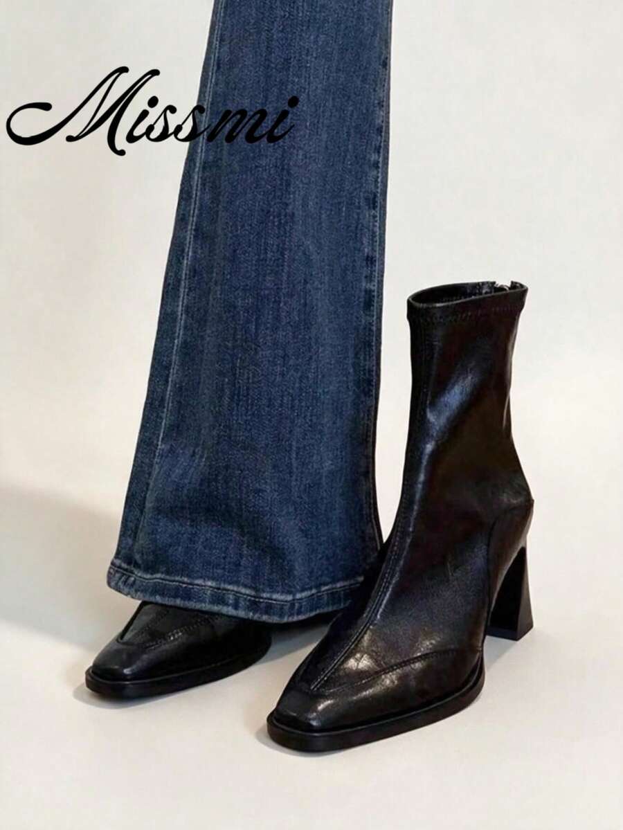 Women's Pointed Toe High Heel Ankle Boots With Chunky Heel And Back Zipper, New Autumn/Winter Black Premium Boots