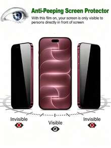 3Pcs 9D Privacy Tempered Glass Screen Protector, Anti-Spy Anti-Fingerprint Full Coverage Anti-Scratch Phone Screen Guard Film Compatible With IPhone Duo 18 Pro Max 17 16 15 Plus 14 13 12 11 Series - Black - View 4