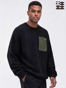 MULINSEN Men's Jacquard Textured Crew Neck Sweatshirt, Contrast Color Cargo Pocket Loose Casual Long Sleeve Pullover - Black - View 6