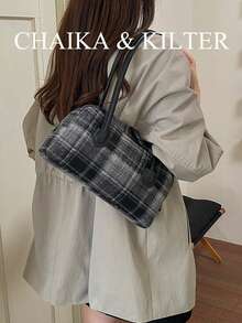 CHAIKA & KILTER 1件裝 素色麂皮布料女款復古時尚啞光保齡球包 對比色絎縫縫線 雙手提設計 拉鍊開合 適合日常與外出使用 - 黑色 - 查看 7