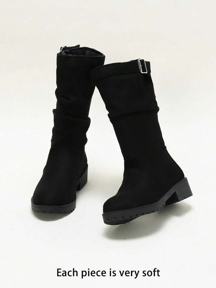 1 Pair Girls' Ruched Fabric High-Top Boots, Round Toe, Side Buckle, Chunky Low Heel, Vintage Slouchy Style, Suitable For School, Daily Wear And Outdoor Activities - Black - View 5