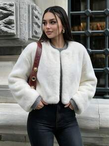 Women's New Autumn/Winter Short Jacket, Solid Color Versatile Round Neck Fuzzy Long Sleeve Elegant Outerwear - White - View 8