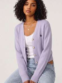 Ribbed V-Neck Sweater Cardigan, Long Sleeve Button Front, Relaxed Fit, Embroidered Detail, Light Purple, Casual Chic Fall Layering Top - Mauve Purple - View 5