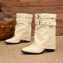 Women's Ankle Boots, Ruched Folded Western Style Boots, Pointed Toe Mid-Thick Heel, Double Metal Buckle Strap Design, Solid Color Fashion Boots, Autumn/Winter Daily Party Footwear - White - View 6