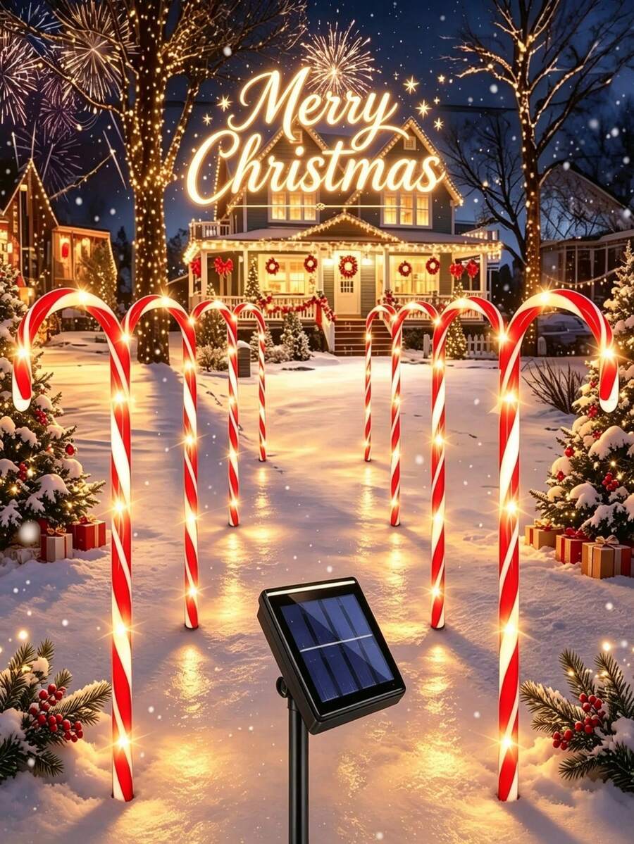 Christmas Candy Cane Solar String Lights, Waterproof Solar LED Ground Stake Lights, Auto Charging, 8 Hours Working Time, 8 Flashing Modes, Cute Candy Cane Shape, Suitable For Yard, Flower Bed, Pathway, Porch And Christmas Party Decoration - Multicolor - View 1