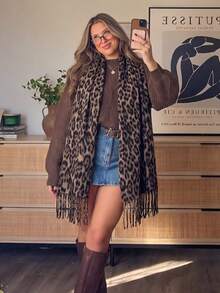 1pc Retro Women's Leopard Print Fringe Scarf, Cool Street Style Thick And Soft Fringe Wrap, Suitable For Street Wear, Daily Outings And Outerwear Matching - Maillard Brown - View 2