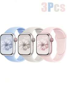 3件組運動休閒矽膠錶帶，適用於Apple Watch男款與女款，柔軟舒適，防水，可調節鉚釘扣，相容 Series 12/11/10/Ultra/9/8/7/6/SE/5/4/3，相容 38mm/40mm/41mm/42mm/44mm/45mm/46mm/49mm錶盤尺寸，智慧手錶錶帶 - 粉紅色+星光色+天藍色 - 查看 15