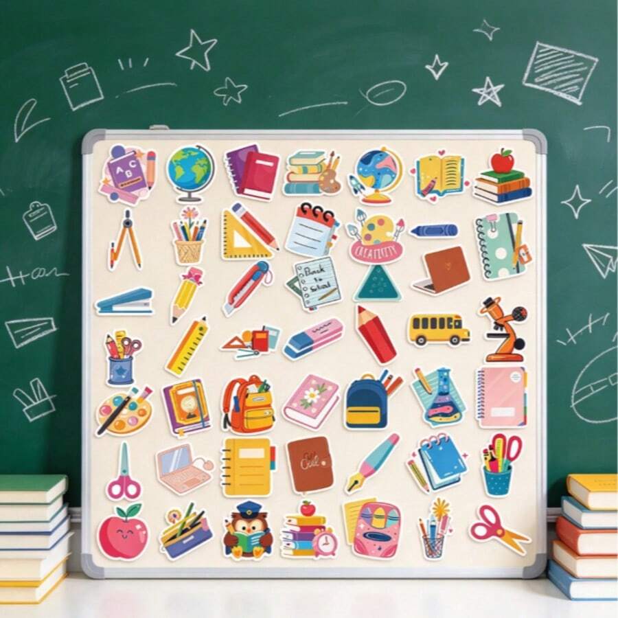 50pcs/Set Cartoon Learning Element Sticker Set, Back To School Decals For Journal, Card Making & DIY Projects - Multicolor - View 1