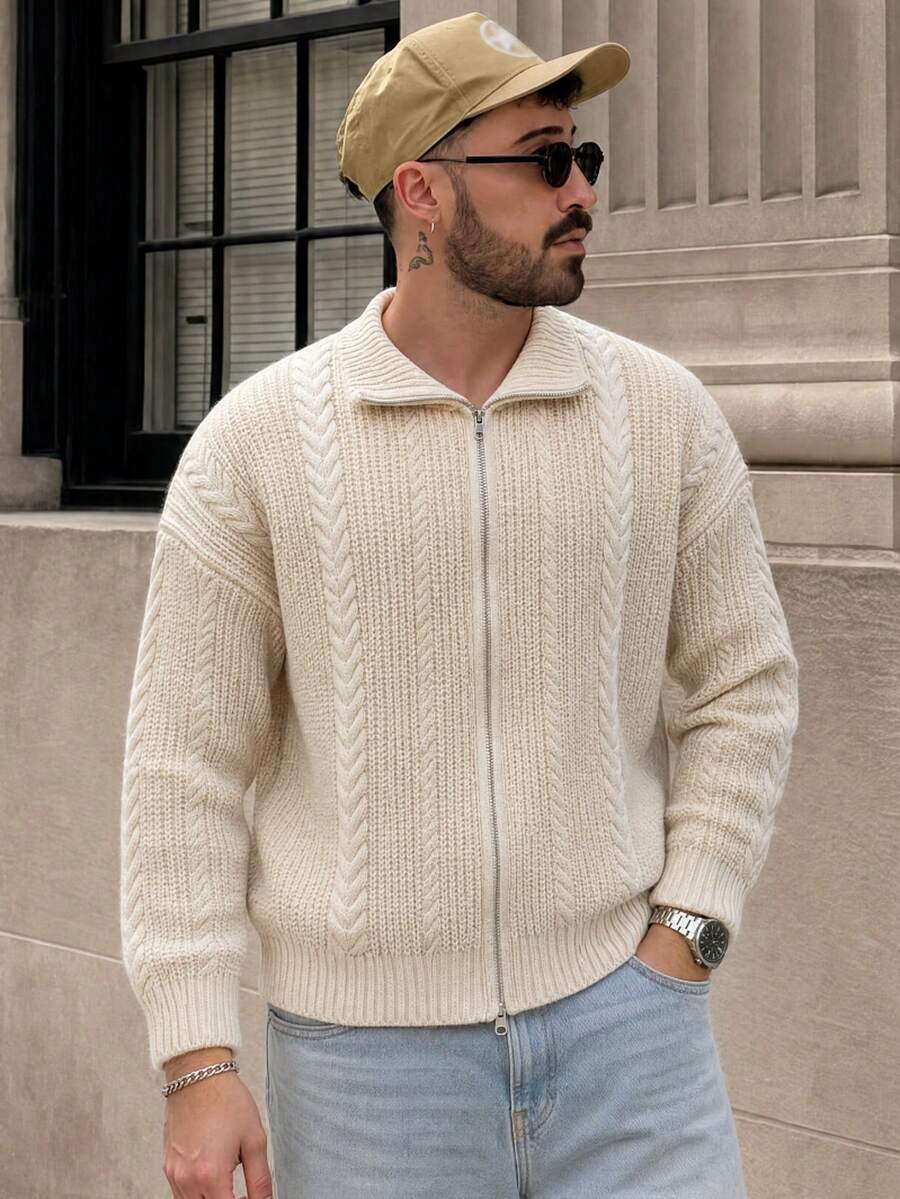 Lookun Men's Collared Zip-Up Long Sleeve Cardigan Sweater, Dropped Shoulder, Casual Relaxed Fit, Suitable For Autumn/Winter, Store Visits, Dates, Short Trips - Apricot - View 1
