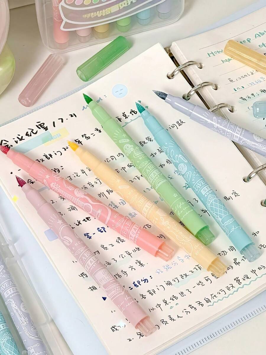 6/12/24pcs High Aesthetic Glitter Highlighters, Soft Tip Glitter Highlighter Pens, Great For Highlighting Notes, Doodling, Journal Decoration, Kids - Multicolor - View 1