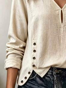 Elegant Women's Bohemian Style Solid Color V-Neck Long Sleeve Blouse, Button Decor, All-Season Regular Fit Woven Shirt - Apricot - View 4