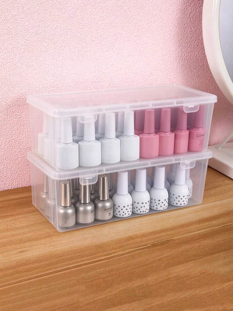 1/2pcs Transparent Dust-Proof Storage Box With Lid, Nail Polish & Gel Storage, Makeup Brush & Makeup Sponge Organizer, Stackable Rectangular Plastic Box, Desktop Cosmetic & Miscellaneous Item Sorting Storage Box - Clear - View 1