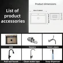 1 Set Hotel Home Kitchen Dishwashing Vegetable Washing Black Stainless Steel Multi-Function Large Sink, Includes Multiple Water Outlet Modes, Pull-Out Faucet, Drain Outlet, Drain Pipe, Cleaning Faucet, Soap Dispenser 5040 (X) Black Diamond - Black - View 11