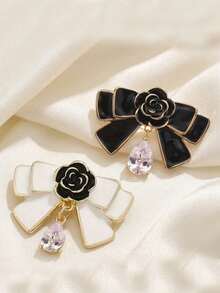 2pcs/Set French Camellia Flower & Bow Brooch, Black & White Crystal Teardrop Lapel Pin, Luxury Elegant Suit Accessory - Black+White - View 8