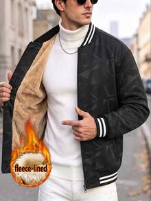 男士時尚休閒抓絨夾克，棒球領拉鍊夾克，寬鬆戶外運動上衣，送給男友和朋友的理想禮物，街頭風格 - 黑色 - 查看 1