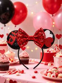 Disney1pcs Heart Mouse Ears Headband, Red Sequin Bow Cosplay Party Hair Accessory For Adults - Multicolor - View 5