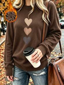Women's Plus-Size Casual, Stylish Crew-Neck Faux-Knit Sweater Featuring A Simple Heart Graphic Print-A Versatile, Everyday Top For Autumn And Winter. - Brown - View 3