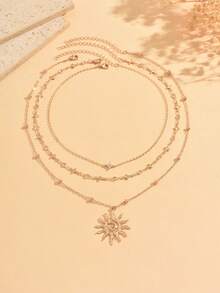 3pcs/Set Casual Fashion Sun Pendant With Rhinestone Four-Leaf Clover Shiny Starburst Decor Necklace Set, Gold Women's Neck Jewelry Suitable For Daily Wear, Dating, Party And Music Festival, Handmade Chain Cut By Length With Variable Number Of Sections - Sun - View 2