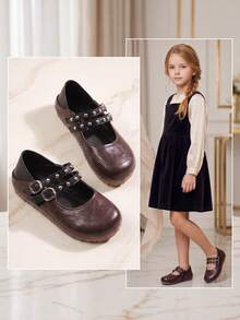 1 Pair Girls' Vintage Mary Jane Shoes, Brown Buckle Flat Shoes, Double Buckle Rivet Flat Shoes, Convertible Backless Casual Shoes For Spring And Autumn - Brown - View 7