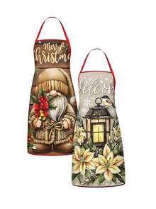 1pc/2pcs/4pcs Christmas Linen Feel Bib Apron, Santa & Mrs.Claus, Reindeer, Snowman, Christmas Tree & Winter Village Print, Merry Christmas Letter, Red Halter Strap, Kitchen Cooking Baking Apron, Xmas Holiday Decor & Gift - Multicolor - View 10