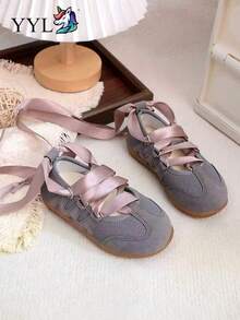 1 Pair Fashionable Versatile Ballet Style Lace-Up Flat Shoes, Suitable For Spring, Summer, Autumn, 2026 New Arrival - Grey - View 1