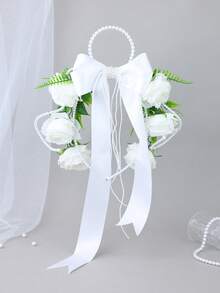 1 buah Bunga Mawar Putih & Pita Satin dengan Gagang Mutiara, Buket Bunga Tangan Elegan untuk Acara Pernikahan, Pesta, dan Properti Foto - Putih - View 4