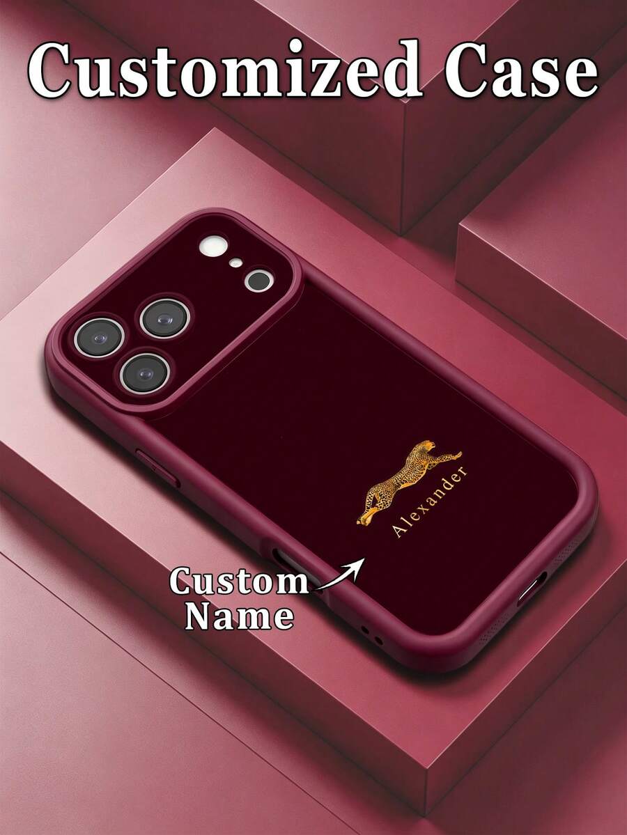 1 buah Casing Ponsel Motif Leopard Emas dengan Nama Kustom, Kompatibel dengan dan Apple 18ProMax/Duo/17ProMax/16Pro/15/14Plus/13Pro/12ProMax/11/XsMax/8/7Plus, Aksesoris Ponsel TPU Burgundy dengan Tepi Tebal, Perlindungan Lensa Penuh Silikon Anti Jatuh, Casing Pelindung Premium - Burgundy - View 1