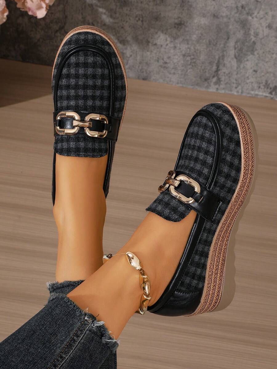 Vintage Plaid Metal Buckle Loafers, Faux Woven Wedge Platform Slip-On Lightweight Casual Shoes For Home - Black - View 1