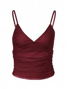 Women's Solid Color Ruched Mesh Patchwork Sheer Spaghetti Strap Cropped Sexy Top Spring/Summer/Autumn - Burgundy - View 6