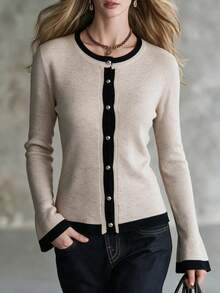 SEREN Women's Contrast Trim Button Knit Cardigan, Autumn/Winter Round Neck Long Sleeve Top, Regular Fit - Yan - View 2