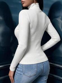 Women's Casual Ribbed Striped Turtleneck Long Sleeve Slim Fit T-Shirt, Suitable For Daily Wear, Autumn/Winter Top Set, Cute, Suitable For Outings, White - White - View 3