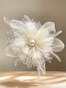 1pc Women's 3D Silk Mesh Flower Pearl Beaded Hair Clip, Faux Feather Bridal Hair Accessory For Wedding And Party - Multicolor - View 2