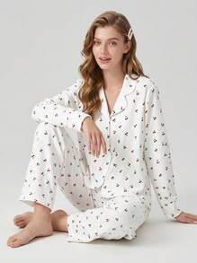 Aesletic 2pcs Women Loose Comfortable Breathable Long Sleeve Top + Long Pants Pajama Set, Cute Loungewear - White - View 3