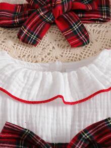Baby Girl Spring/Autumn Christmas White Cotton Crinkle Fabric Ruffle Collar Puff Sleeve Big Bow 2 In 1 Jumpsuit + Matching Plaid Headband - White - View 5