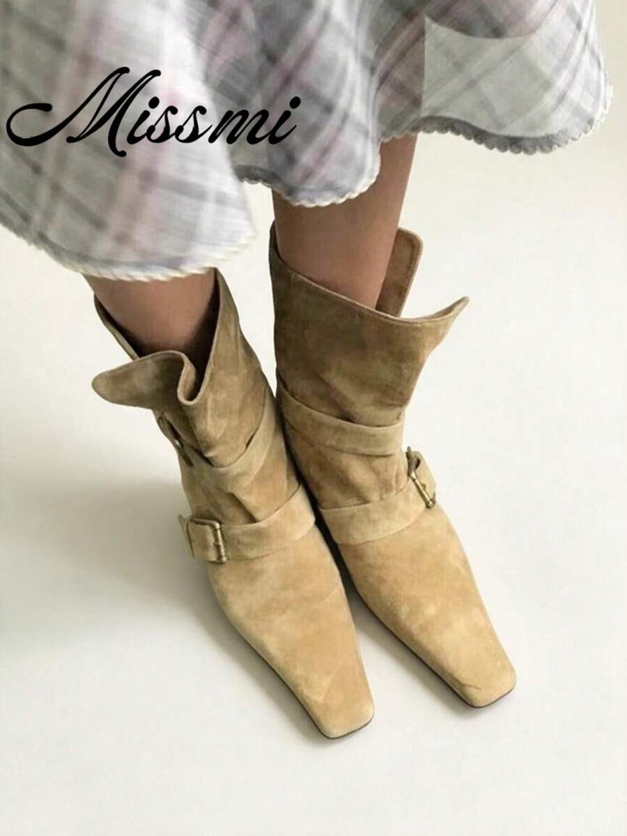 French Blogger Style Pointed Toe Thigh High Boots, Mid-Calf Boots, Classic Boots, Fall, Winter, Autumn, Ins Nordic Kitten Heel Equestrian Boots For Women,Party - Khaki - View 1