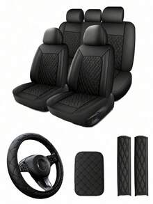 4/8/13pcs PU Leather Car Seat Covers Set, Includes Leather Steering Wheel Cover, Shoulder Pads And Armrest Pads - Multicolor - View 13