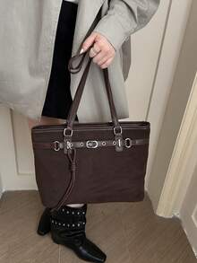 Large Capacity Solid Color Suede Tote Commuter Bag Women's Bag Autumn/Winter Matte Women's Bag With Knot Pendant - Coffee Brown - View 2