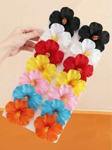 3pcs Random Color Hawaiian Style Hibiscus Hair Clips, Multicolor Artificial Tropical Flower Hair Accessories, Suitable For Women Girls Holiday Party Summer Beach Decoration - Multicolor - View 2