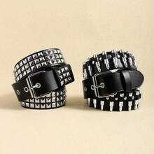 1pc Unisex Black Studded Belts, Punk‑Inspired Design Adorned With Fashionable Stud Embellishments And Multi-Row Eyelet Holes - ZD01 02 - View 12
