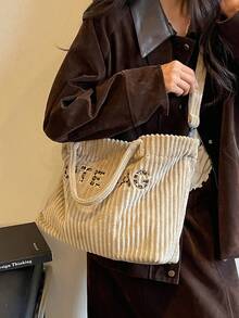 大容量托特包，可收納書籍、筆電與個人物品，休閒韓系隨性風格，燈芯絨托特包，適合校園、日常通勤、購物，柔軟親膚，百搭手提肩背包，學生實用斜跨包 - 卡其色 - 查看 3